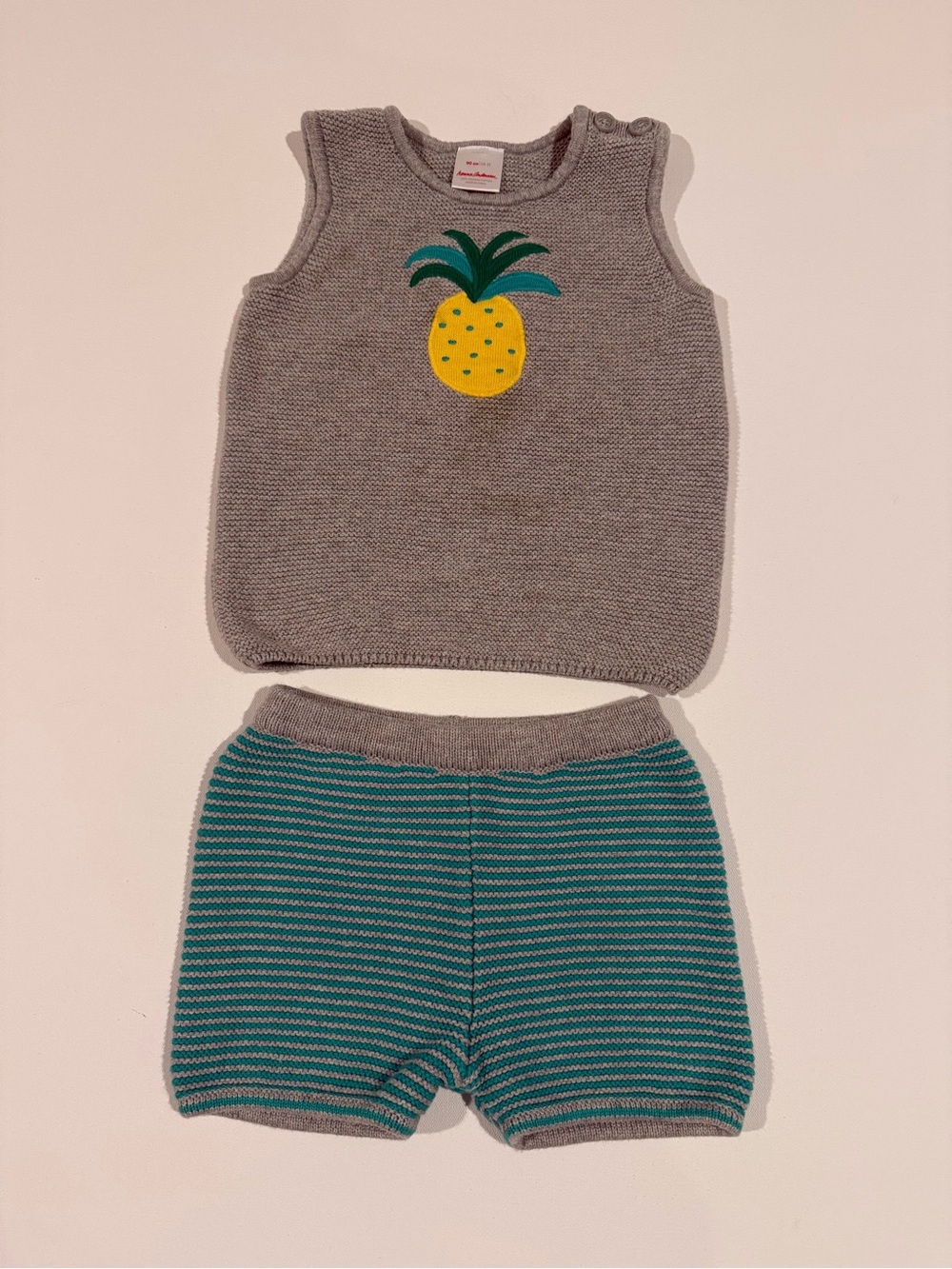 Hanna Andersson Gray Knit Pineapple Tank & Teal-Striped Shorts